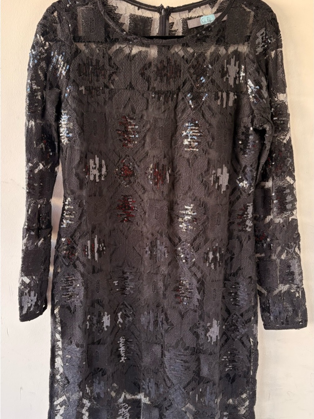 Eva Franco Black Sequin Long-Sleeve Shift Dress